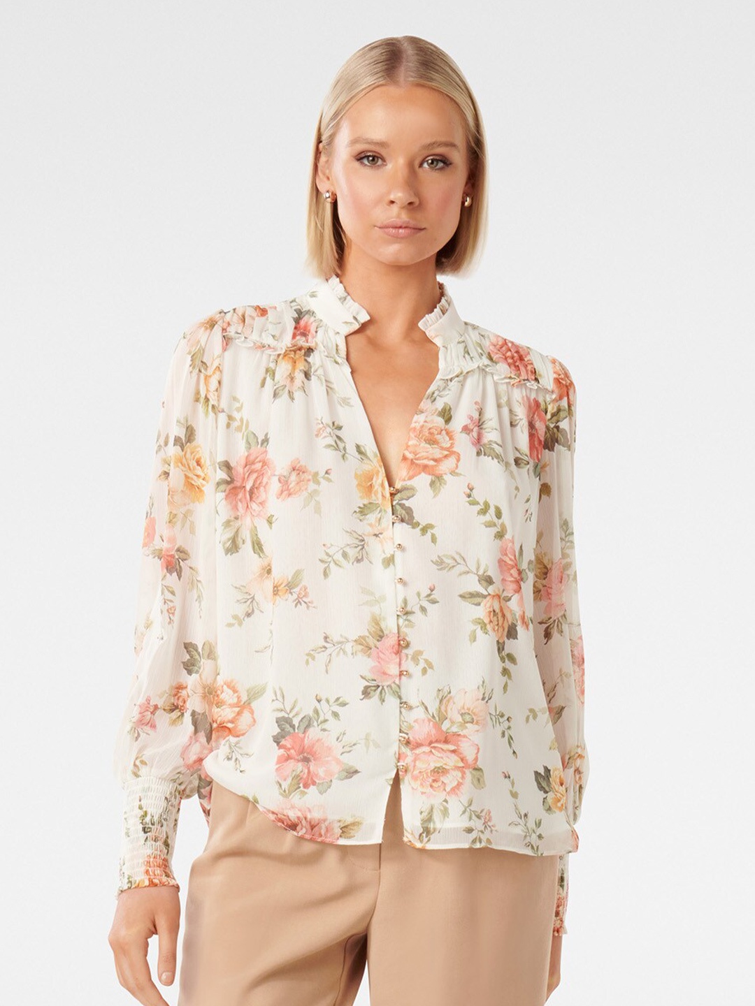 

Forever New Floral Printed Mandarin Collar Ruffled Shirt Style Top, White