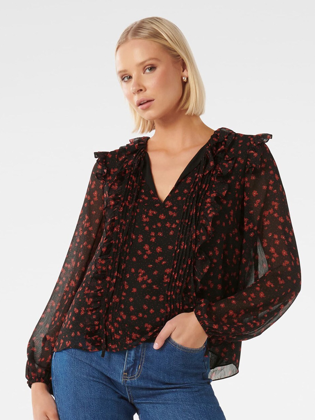 

Forever New Floral Printed V-Neck Ruffled Pleated Regular Top, Black