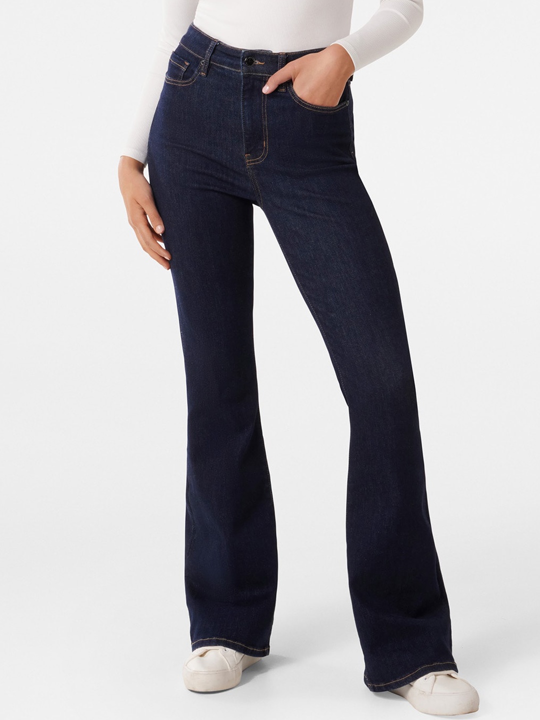 

Forever New Women Navy Blue Flared High-Rise Stretchable Jeans