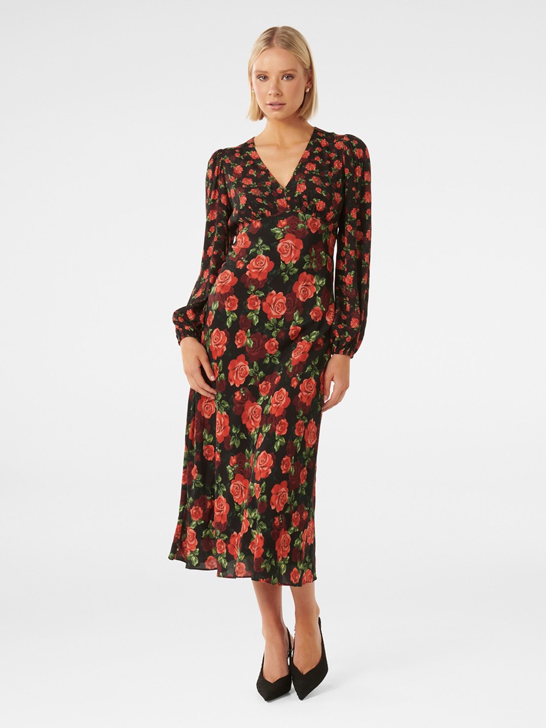 

Forever New Floral Printed Puff Sleeves A-Line Midi Dress, Black