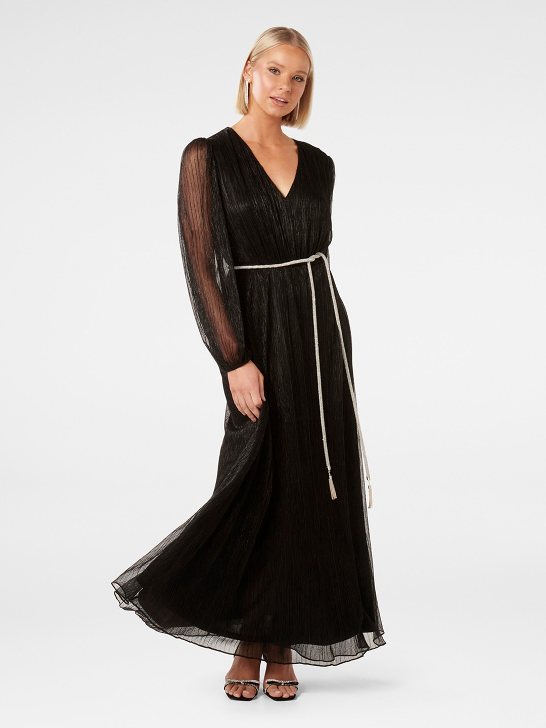

Forever New Self Design Puff Sleeves Maxi Dress, Black
