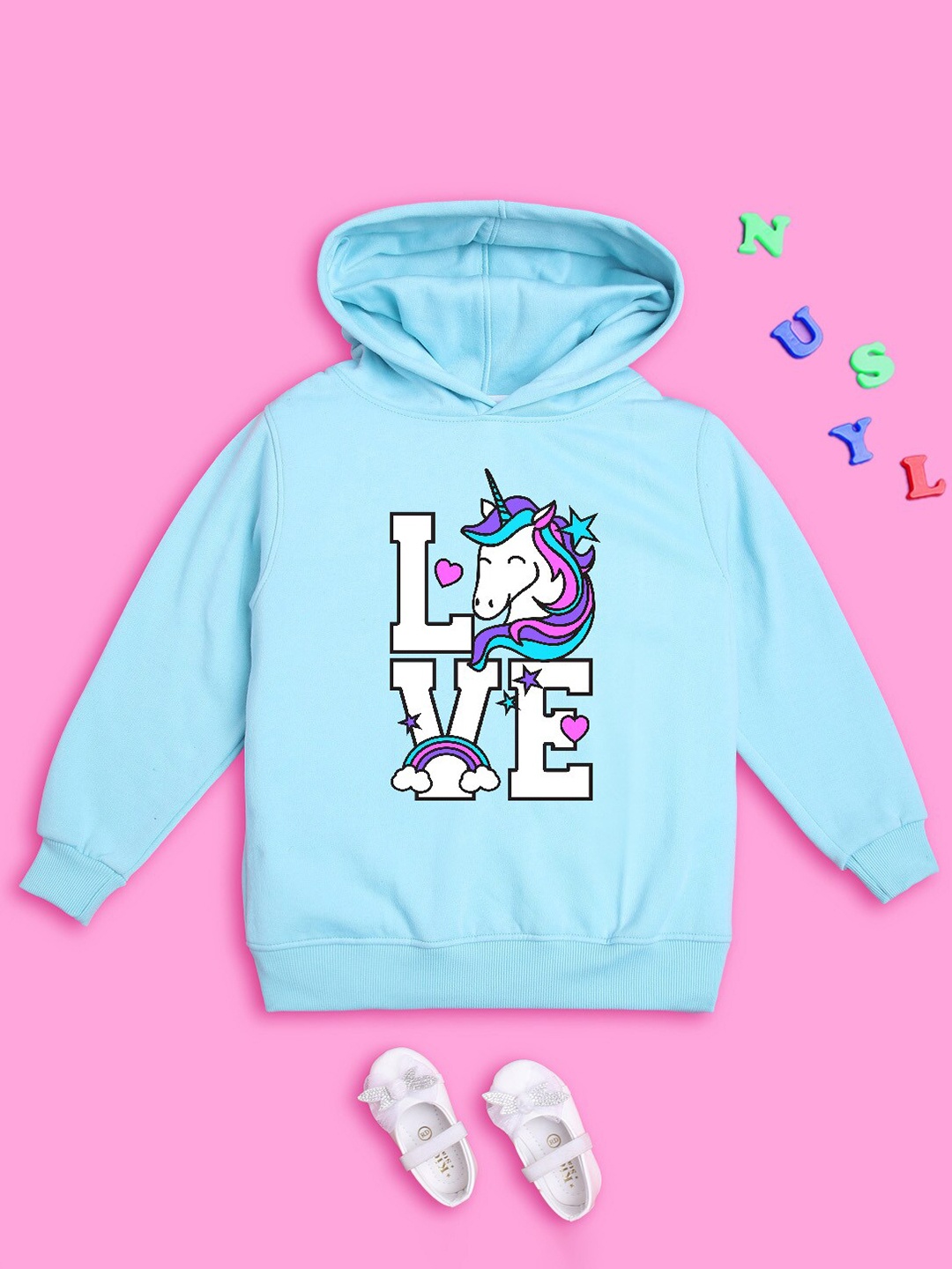

NUSYL Girls Printed Hooded Sweatshirt, Turquoise blue
