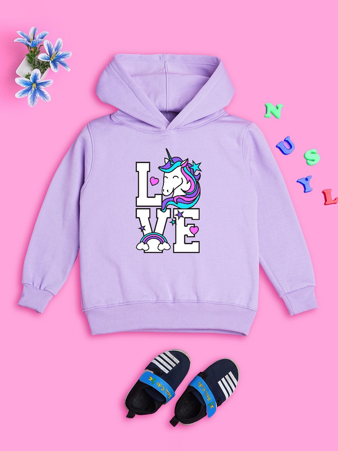 

NUSYL Girls Typography Printed Hooded Fleece Sweatshirt, Purple
