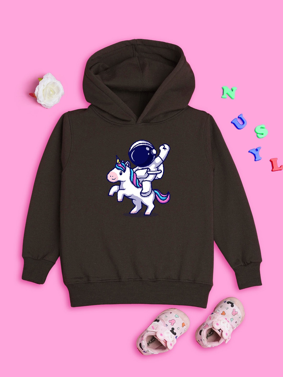 

NUSYL Girls Unicorn Printed Hooded Fleece Sweatshirt, Brown