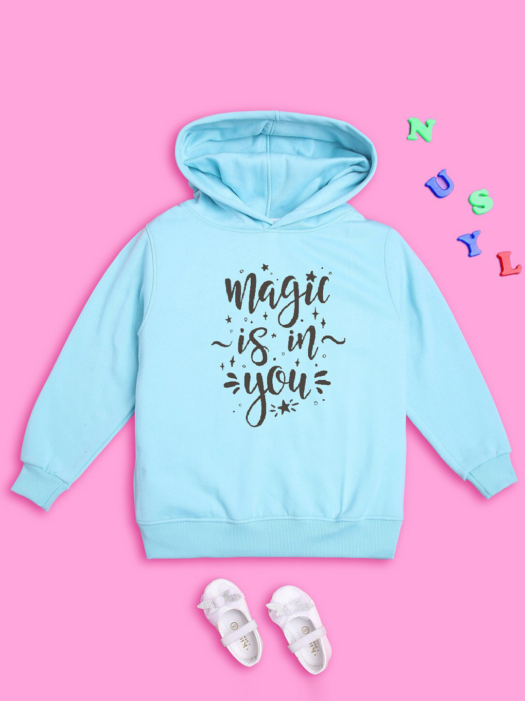 

NUSYL Girls Typography Printed Hooded Pullover Sweatshirt, Blue