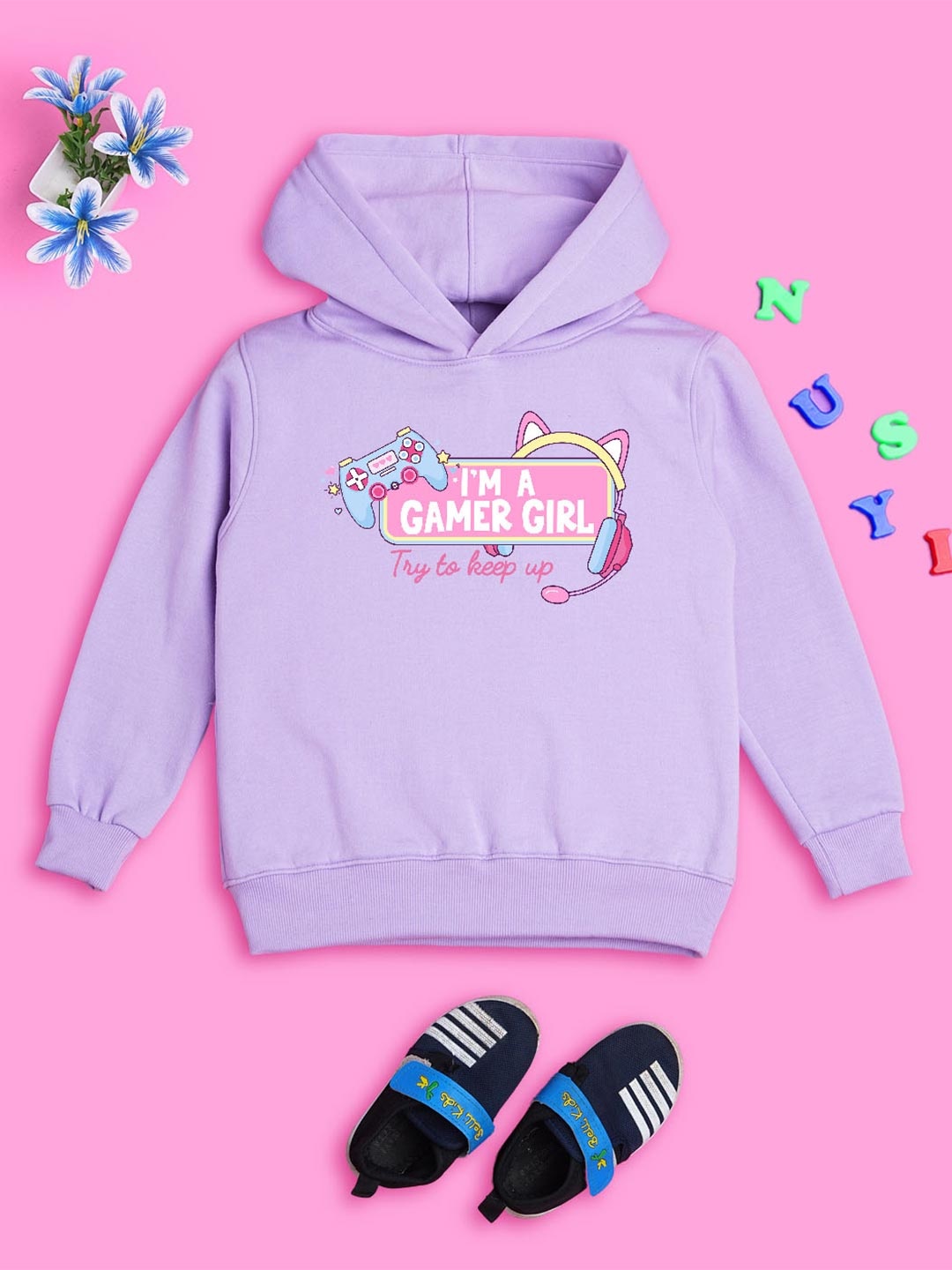 

NUSYL Girls Typography Printed Hooded Pullover Sweatshirt, Purple