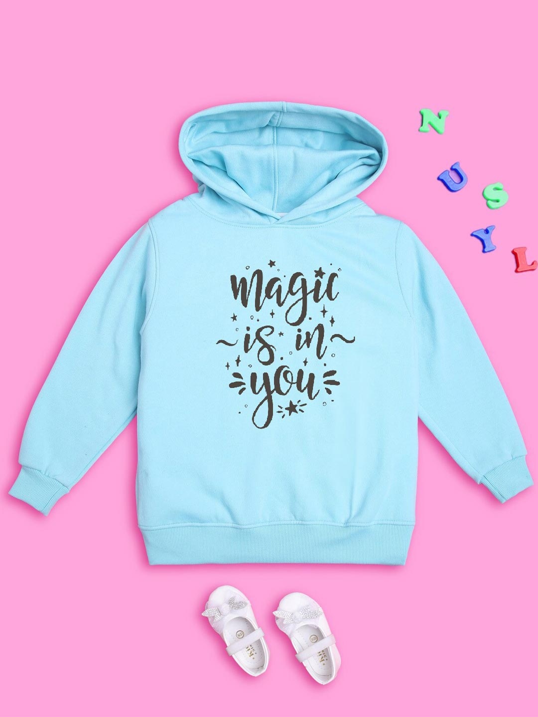 

NUSYL Girls Typography Printed Hooded Sweatshirt, Blue