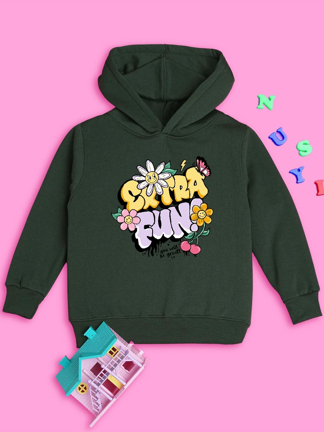 

NUSYL Girls Typography Printed Hooded Pullover Sweatshirt, Green