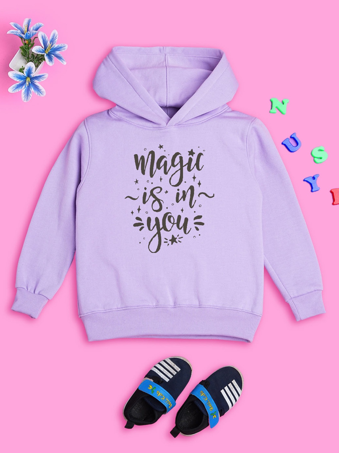

NUSYL Girls Graphic Typography Printed Hooded Sweatshirt, Purple