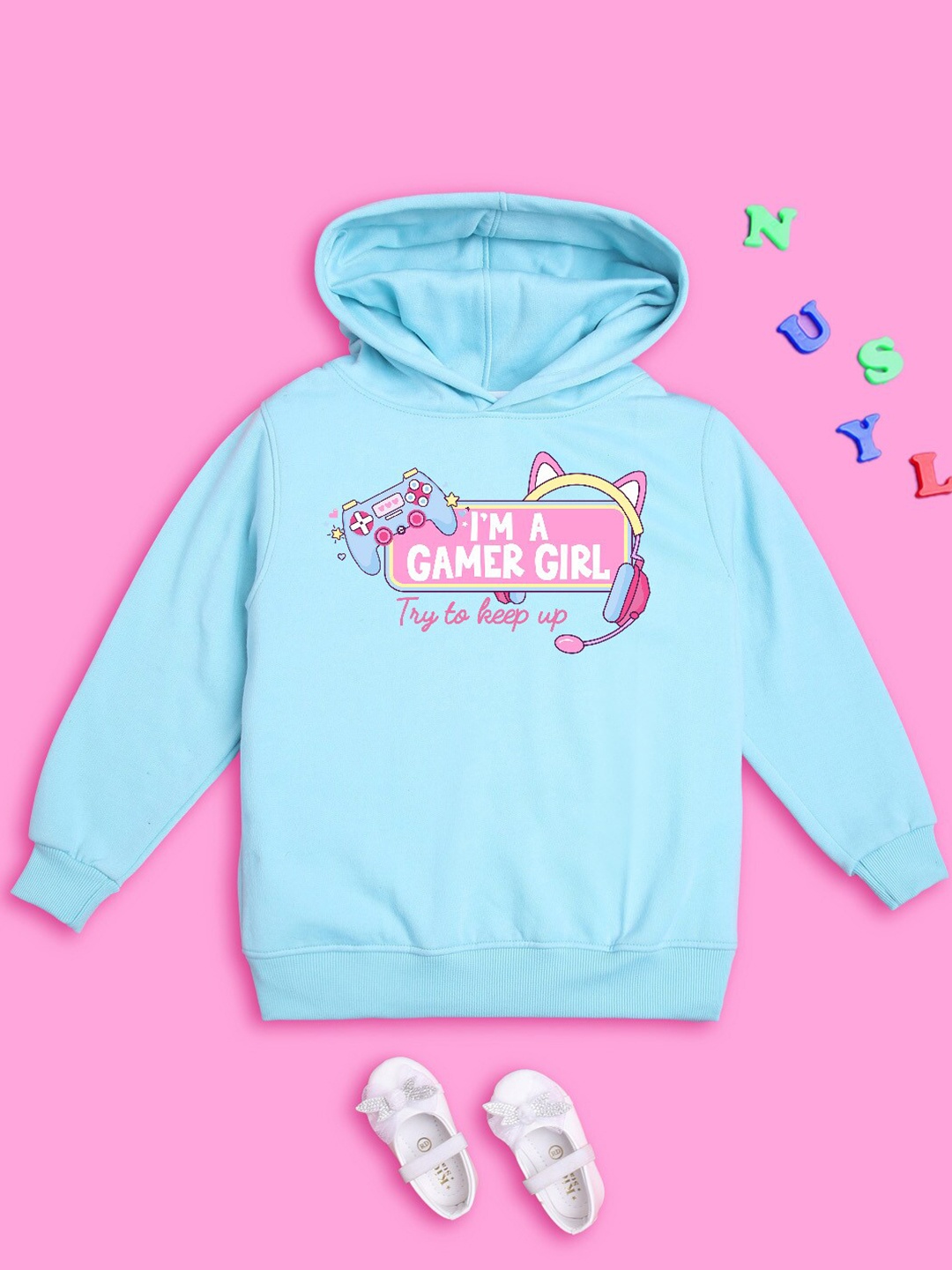 

NUSYL Girls Typography Printed Hooded Pullover Sweatshirt, Blue