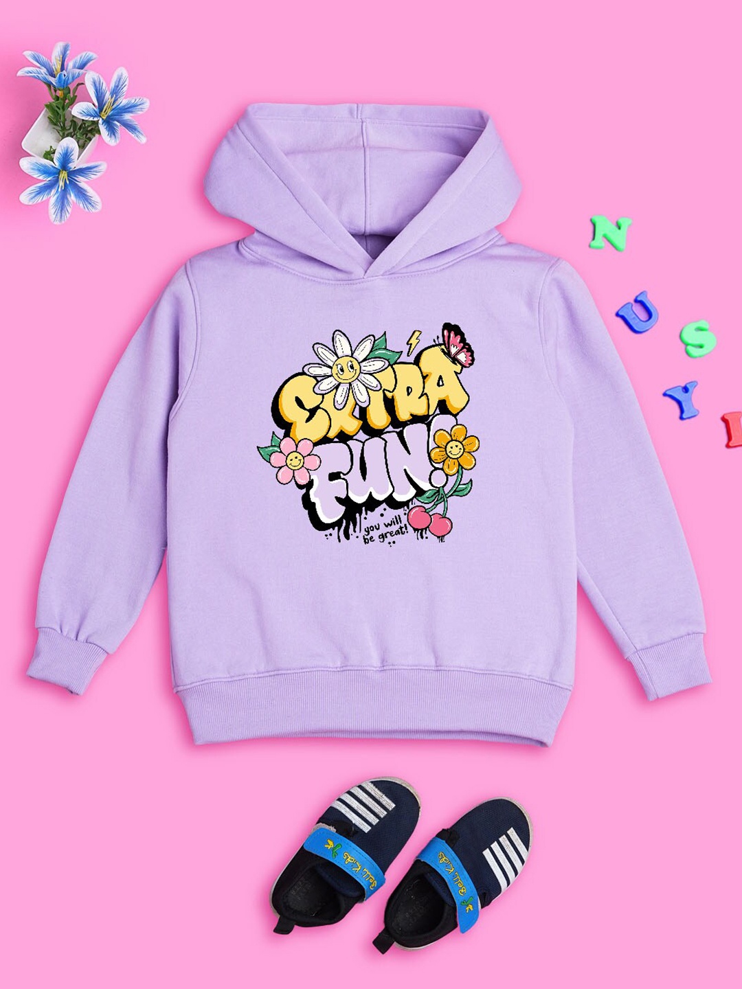 

NUSYL Girls Typography Printed Hooded Pullover Sweatshirt, Purple