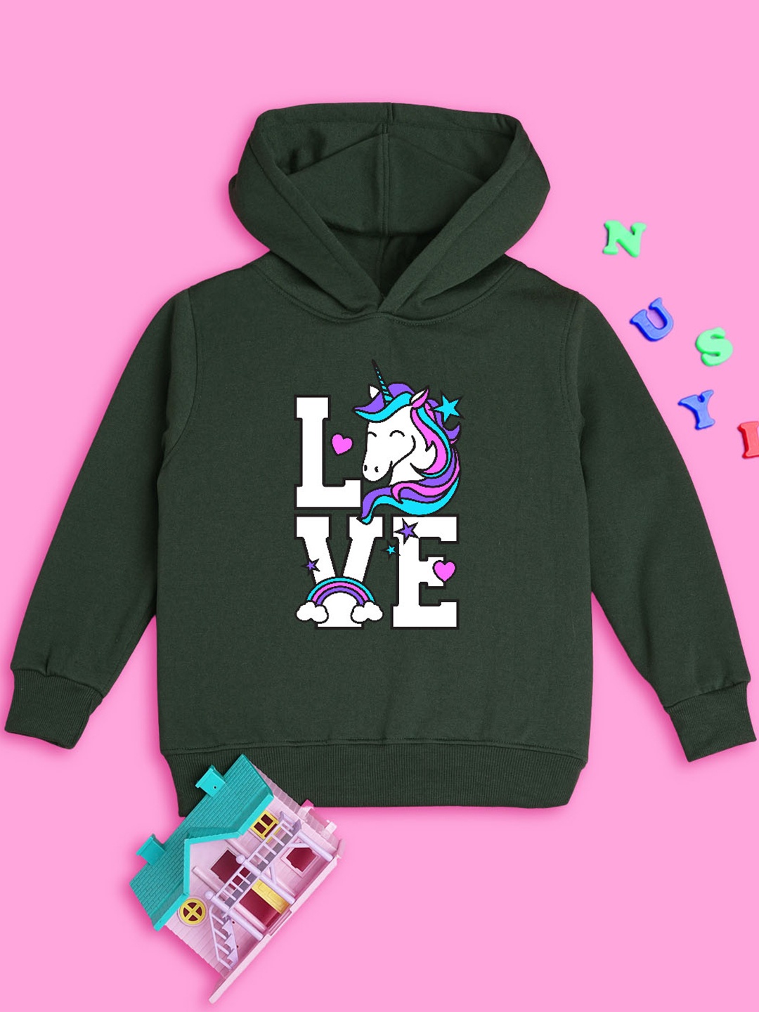 

NUSYL Girls Graphic Printed Hooded Pullover Sweatshirt, Green