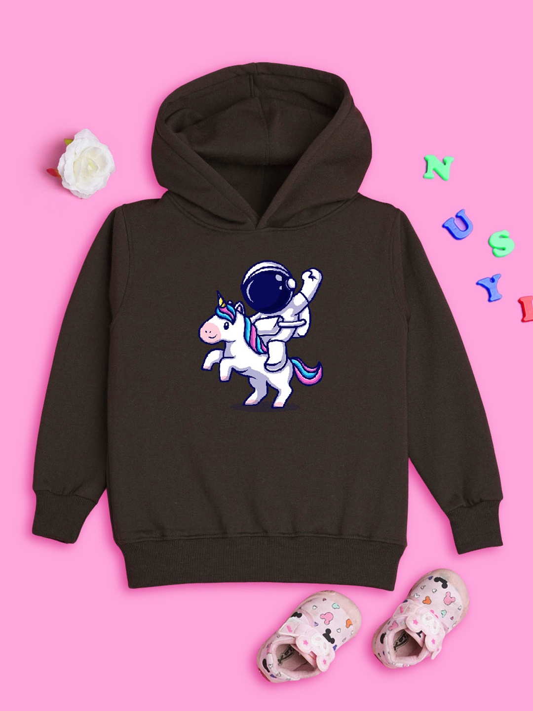 

NUSYL Girls Astronaut Printed Hooded Sweatshirt, Brown