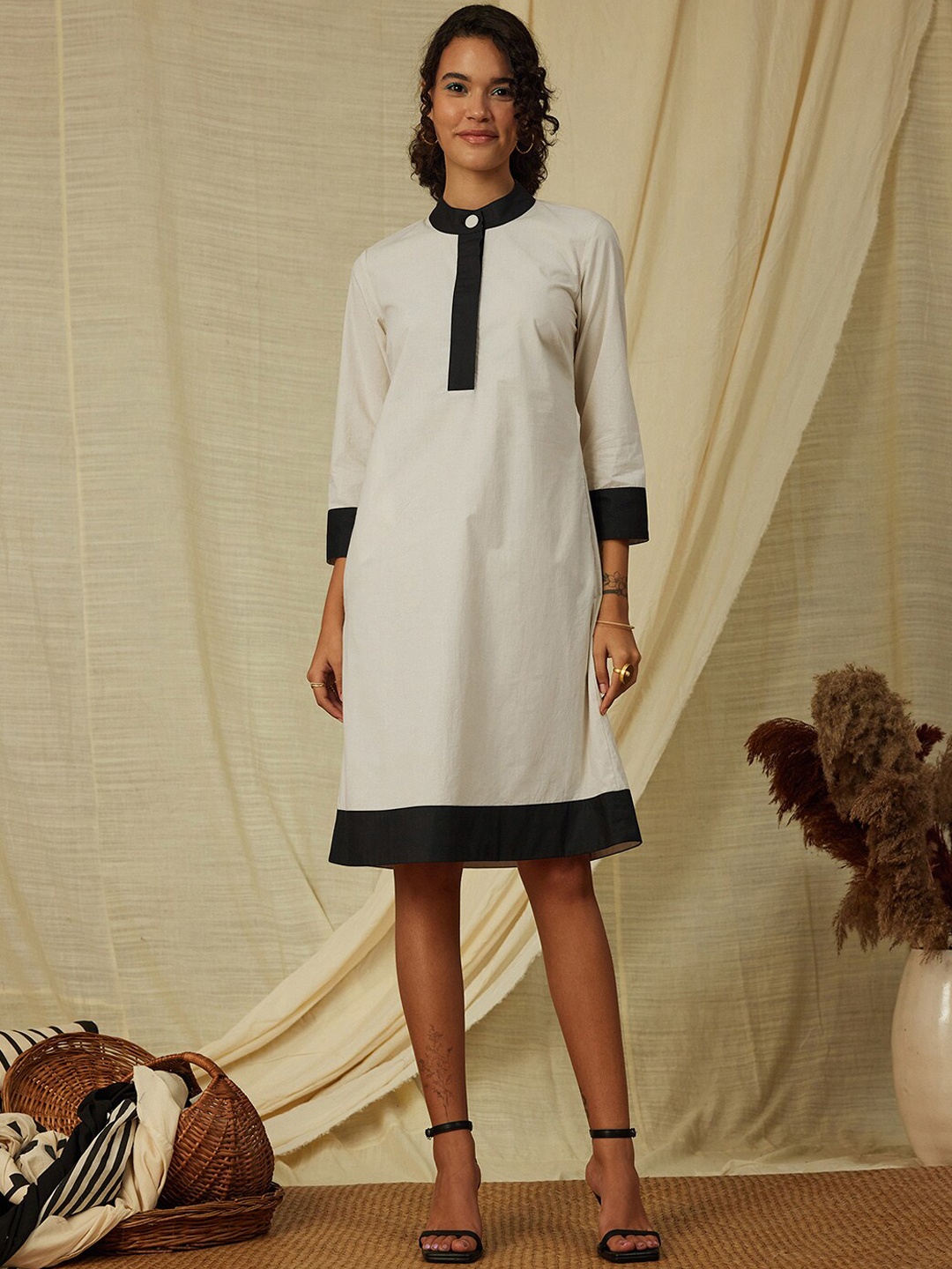 

Pink Fort Mandarein Collar Pure Cotton A-Line Dress, Cream