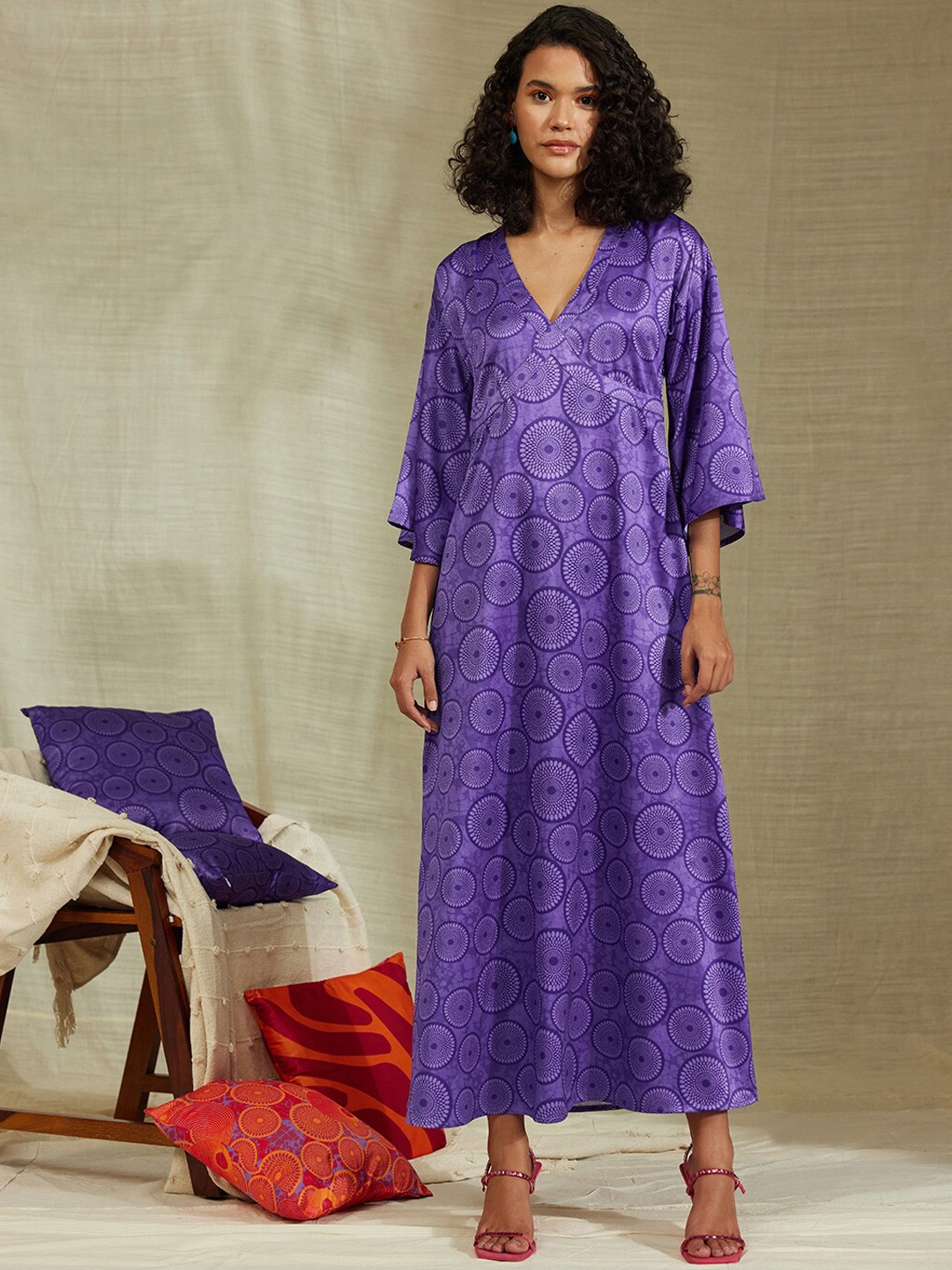 

Pink Fort Ethnic Motifs Printed Flared Sleeves Satin A-Line Maxi Dress, Purple