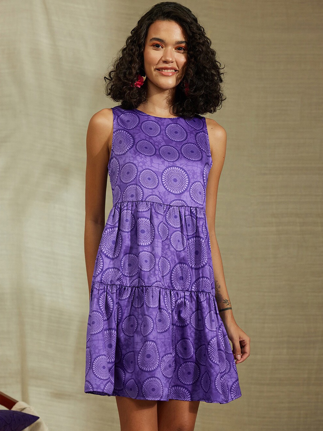 

Pink Fort Ethnic Motifs Printed Satin Fit & Flare Tiered Dress, Purple