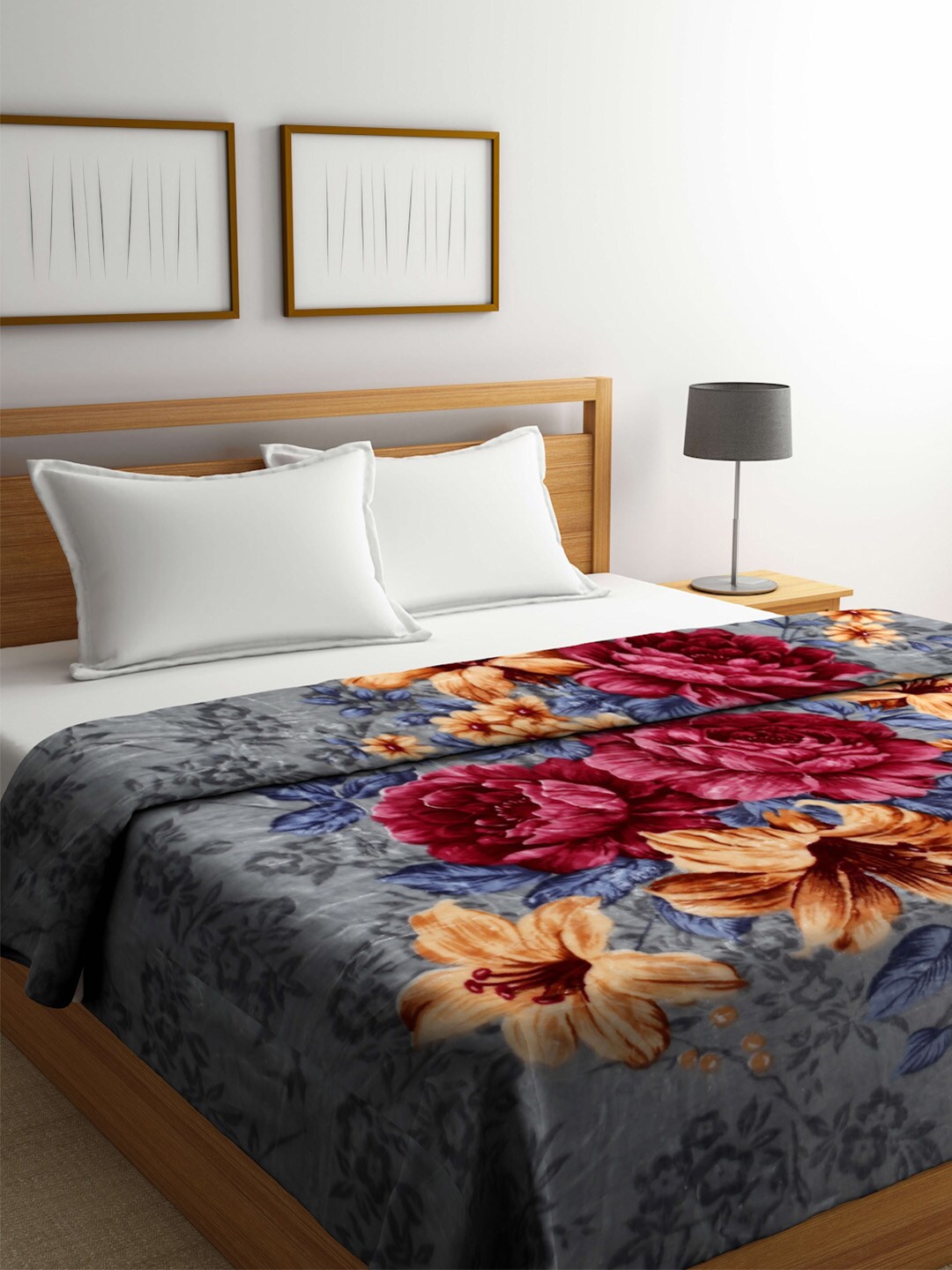 

Raymond Home Grey & Pink Floral Heavy Winter 800 GSM Double Bed Blanket