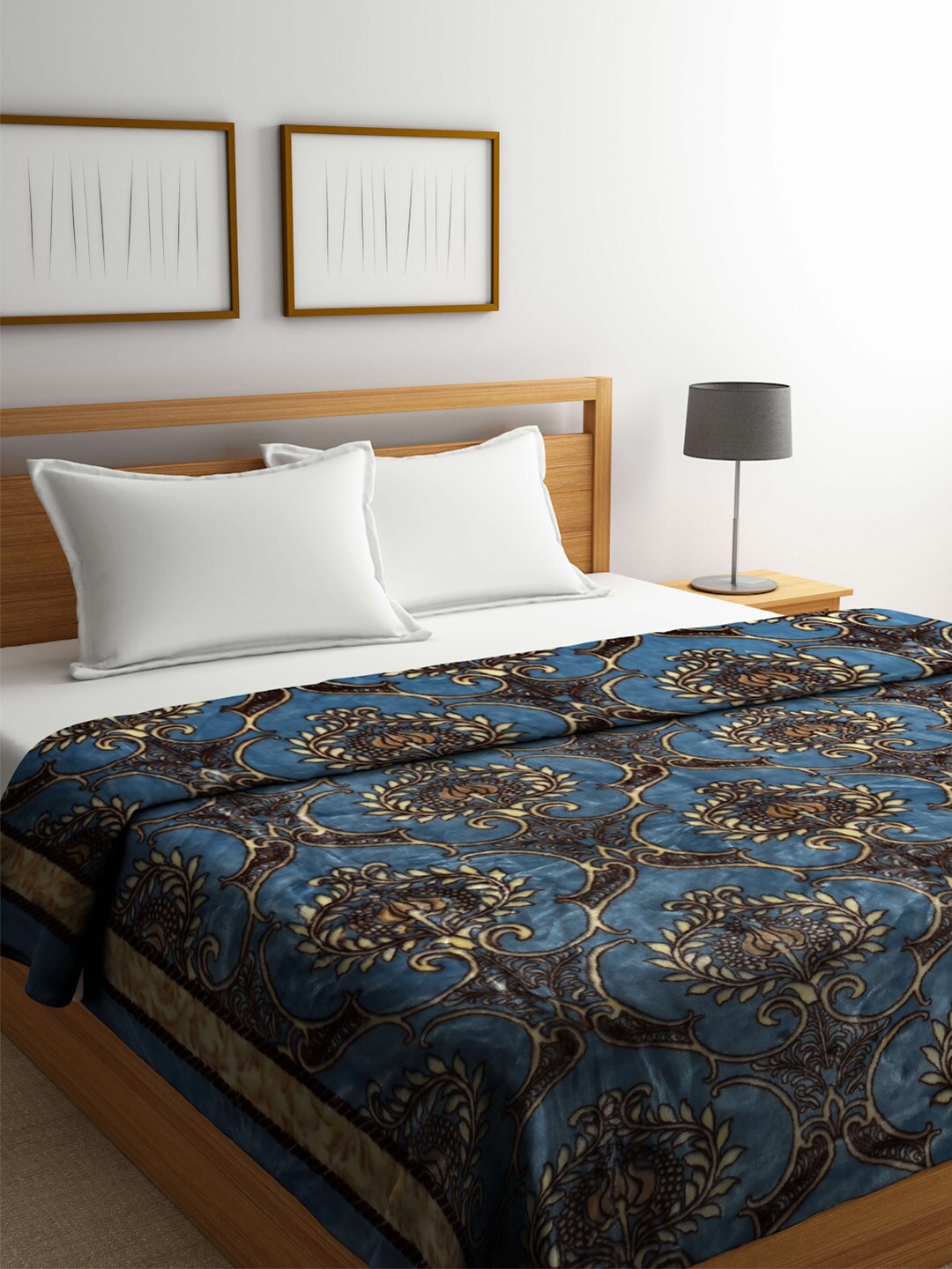 

Raymond Home Blue & Cream-Coloured Ethnic Motifs Heavy Winter 800 GSM Double Bed Blanket