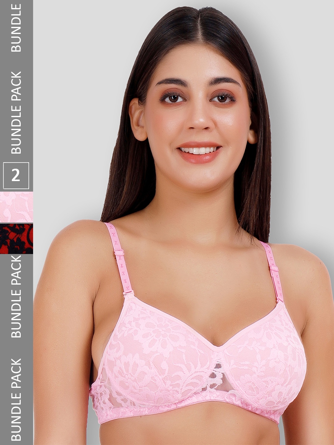 

SELFCARE Pack of 2 Lace Half Coverage Lightly Padded Plunge Bra With All Day Comfort, Pink