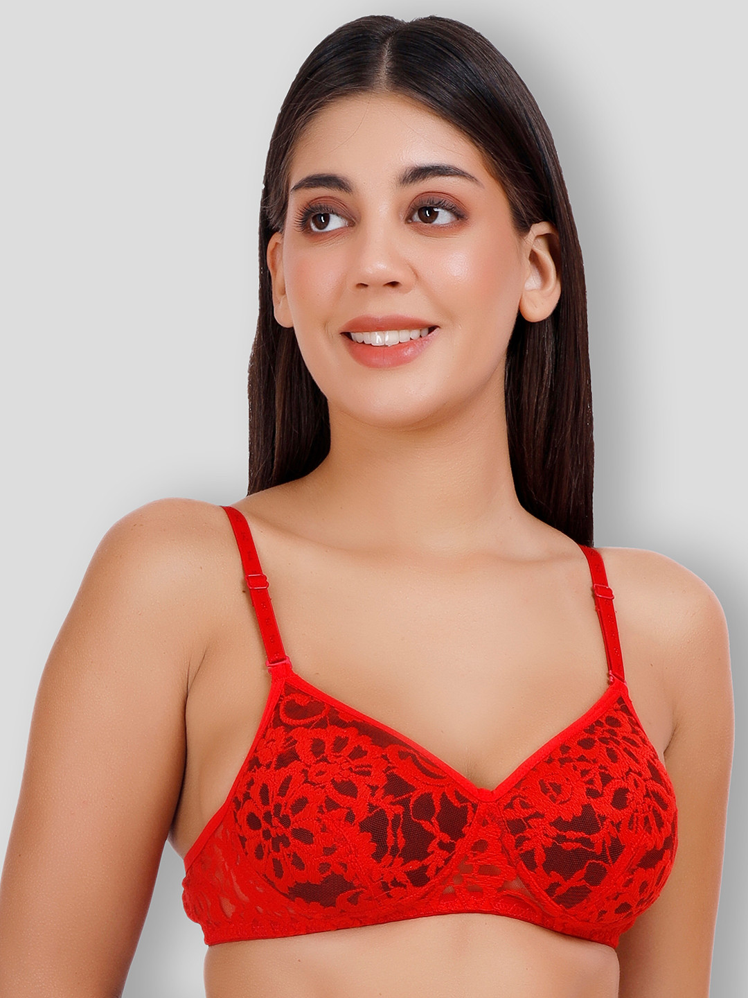 

SELFCARE Net Embroided Half Coverage Plunge Bra With Adjustable Straps, Red