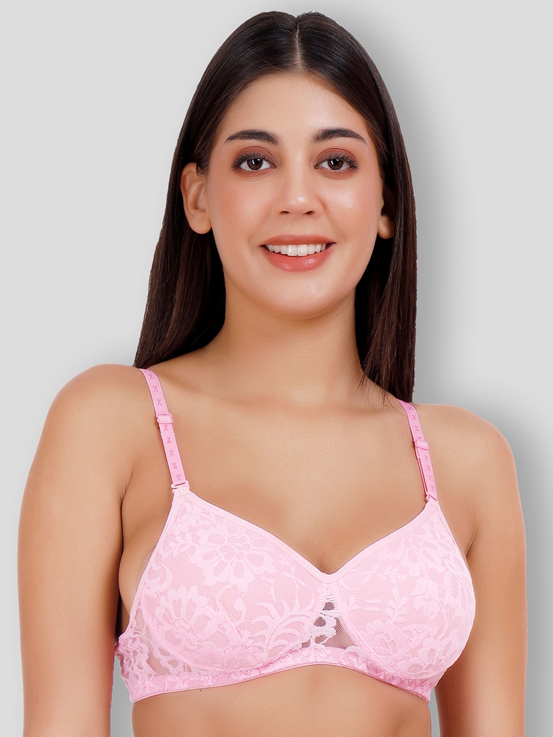 

SELFCARE Net Embroided Half Coverage Plunge Bra With Adjustable Straps, Pink