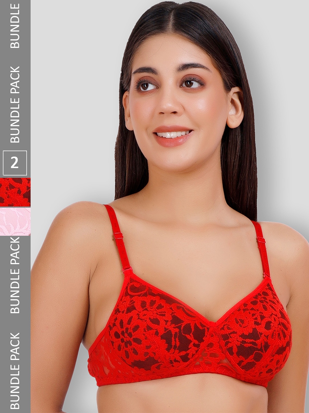 

SELFCARE Pack of 2 Net Embroided Half Coverage Plunge Bra With Adjustable Straps, Red