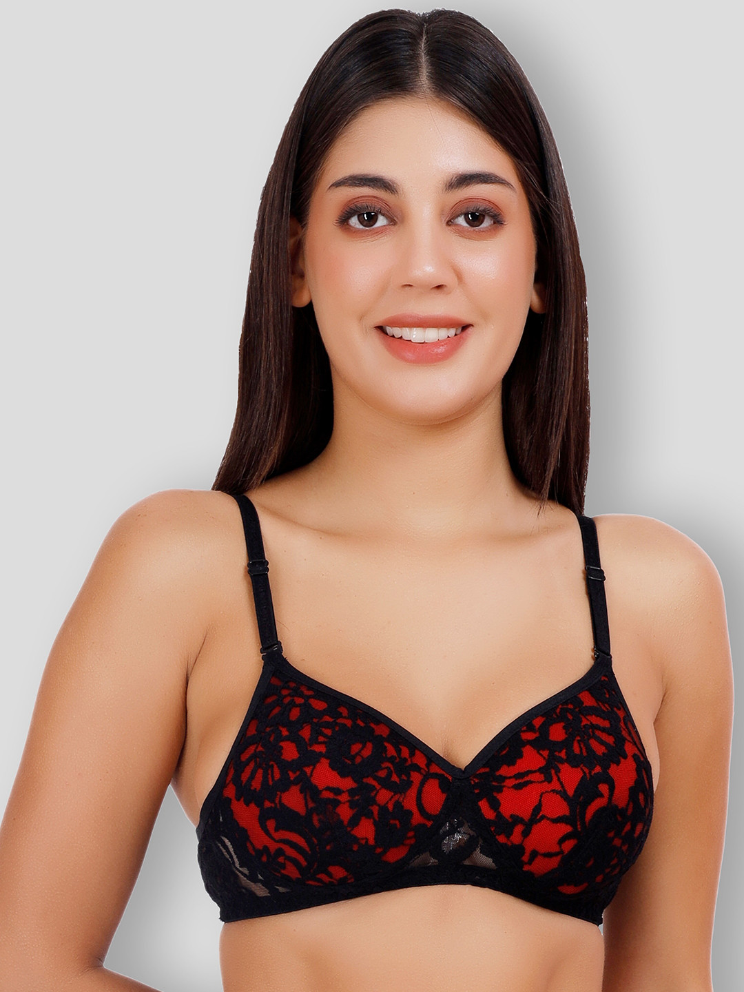 

SELFCARE Net Embroided Half Coverage Plunge Bra With Adjustable Straps, Black