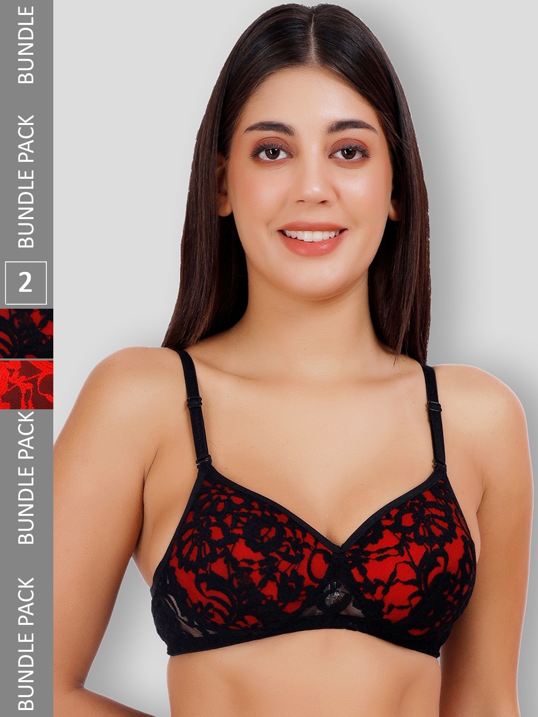 

SELFCARE Pack of 2 Net Embroided Half Coverage Plunge Bra With Adjustable Straps, Black