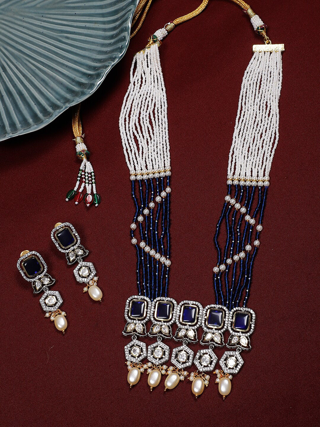 

STEORRA JEWELS Gold-Plated Kundan-Studded & Beaded Necklace and Earrings