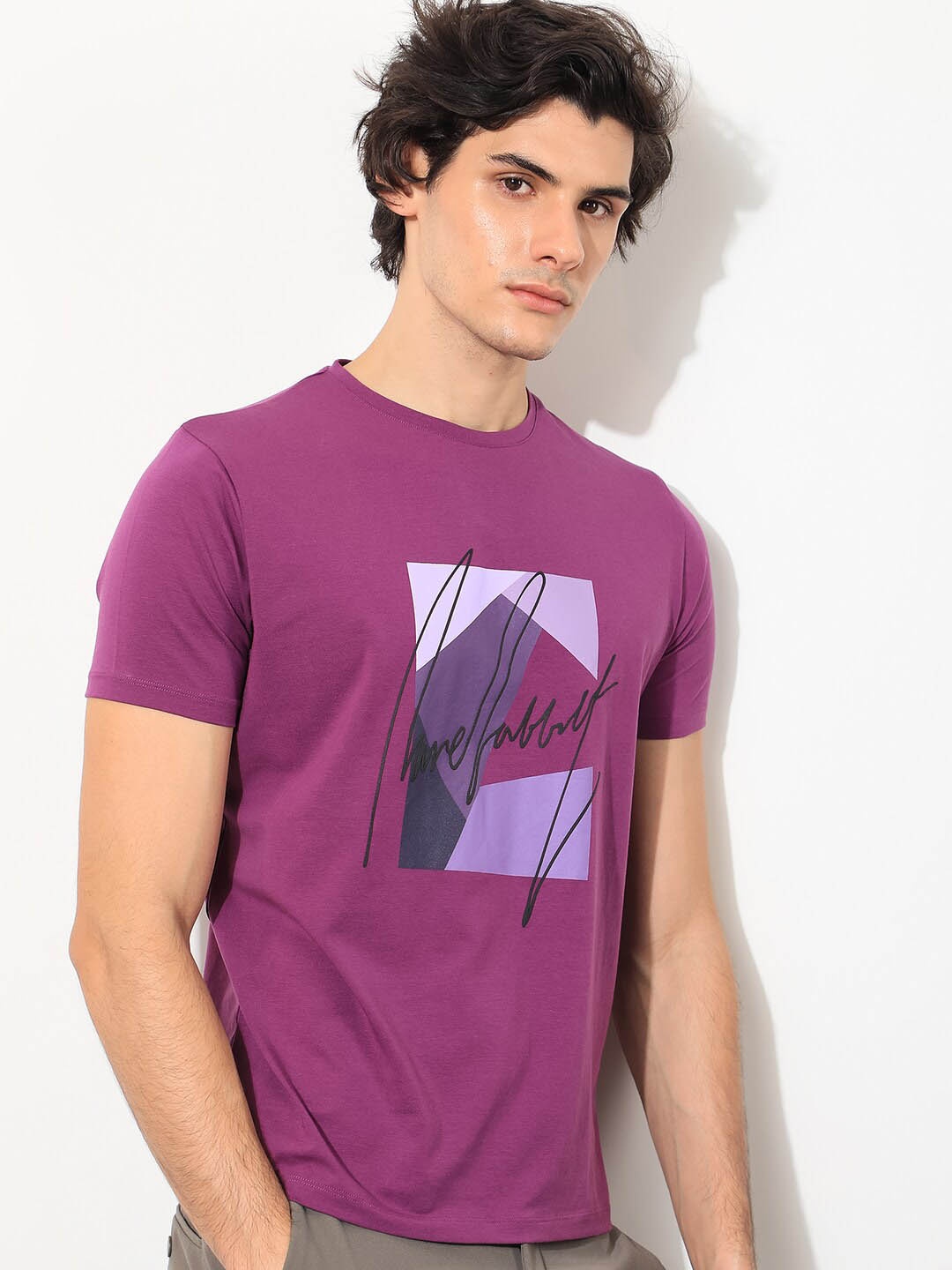 

RARE RABBIT Men Claxton Graphic Printed Slim Fit Cotton T-Shirt, Purple