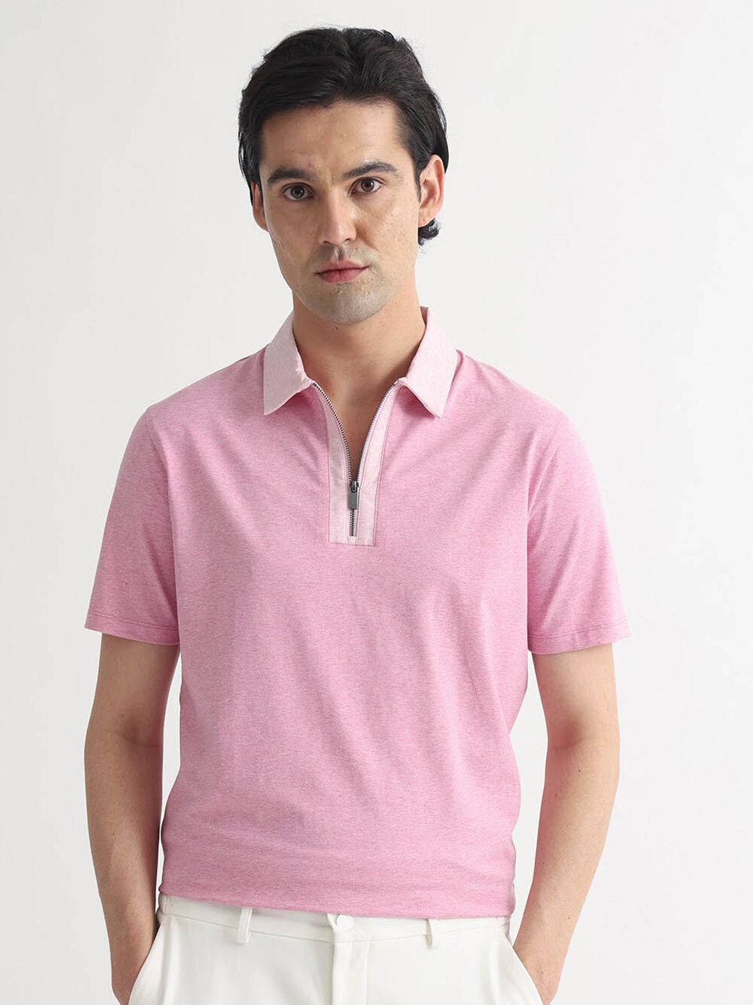 

RARE RABBIT Men Panel Regular Fit Polo Collar Cotton T-Shirt, Pink