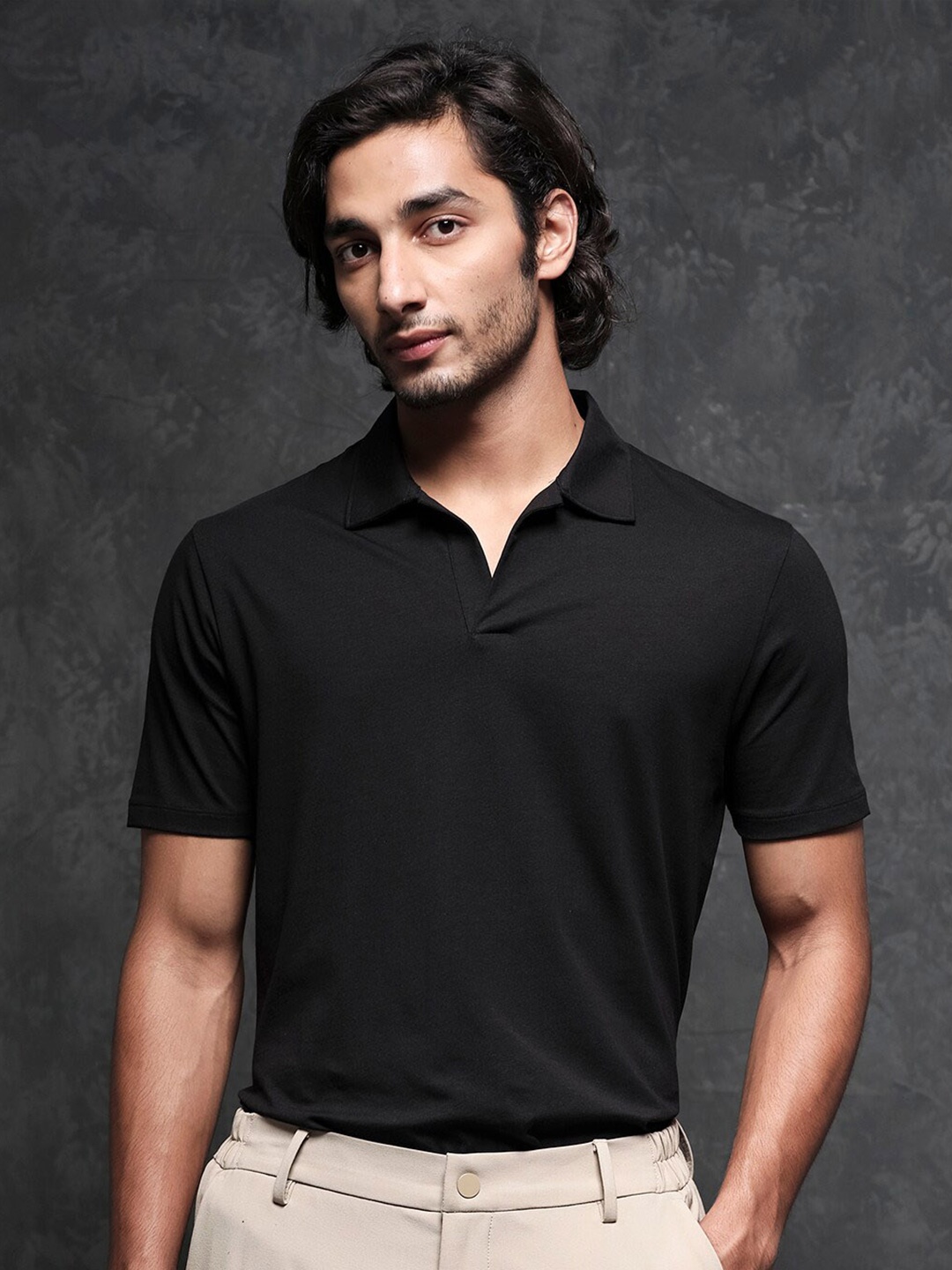 

RARE RABBIT Men Krib-1 Regular Fit Polo Collar Short Collar Cotton T-Shirt, Black
