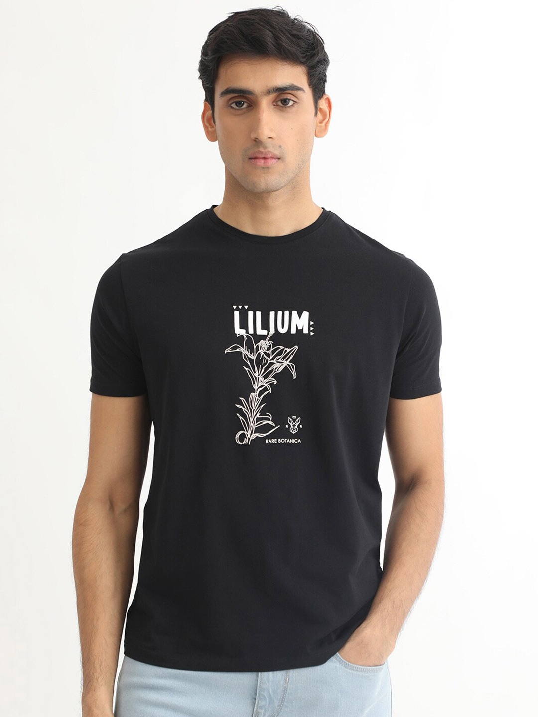 

RARE RABBIT Men Quet Slim Fit Typography Printed Cotton T-Shirt, Black