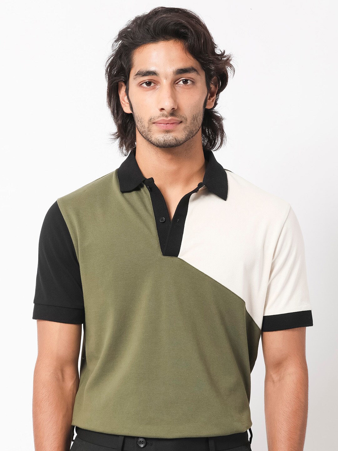 

RARE RABBIT Men Rings-4 Slim Fit Solid Polo Collar T-Shirt, Olive