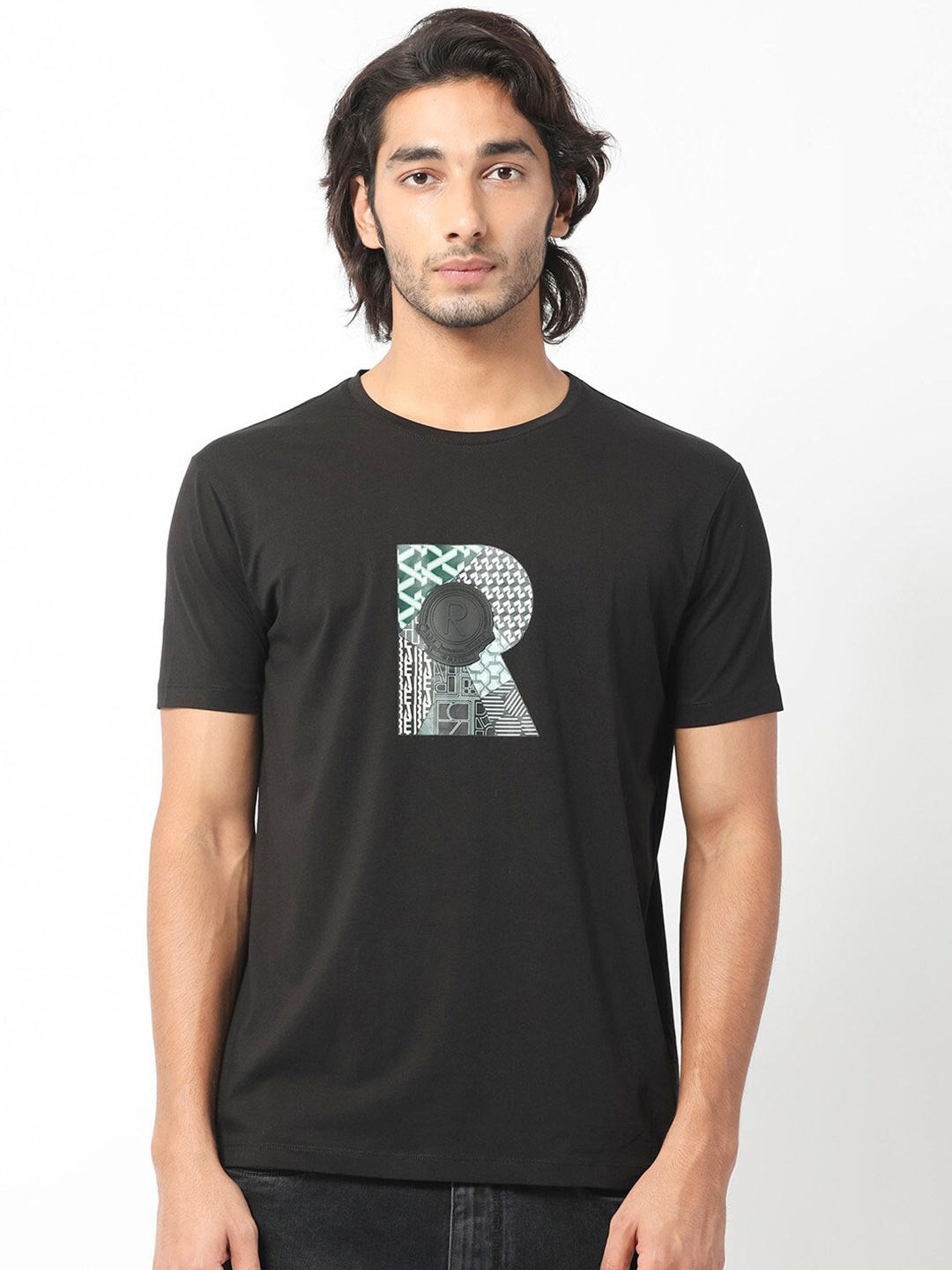 

RARE RABBIT Men Misor Typography Printed Slim Fit Cotton T-Shirt, Black