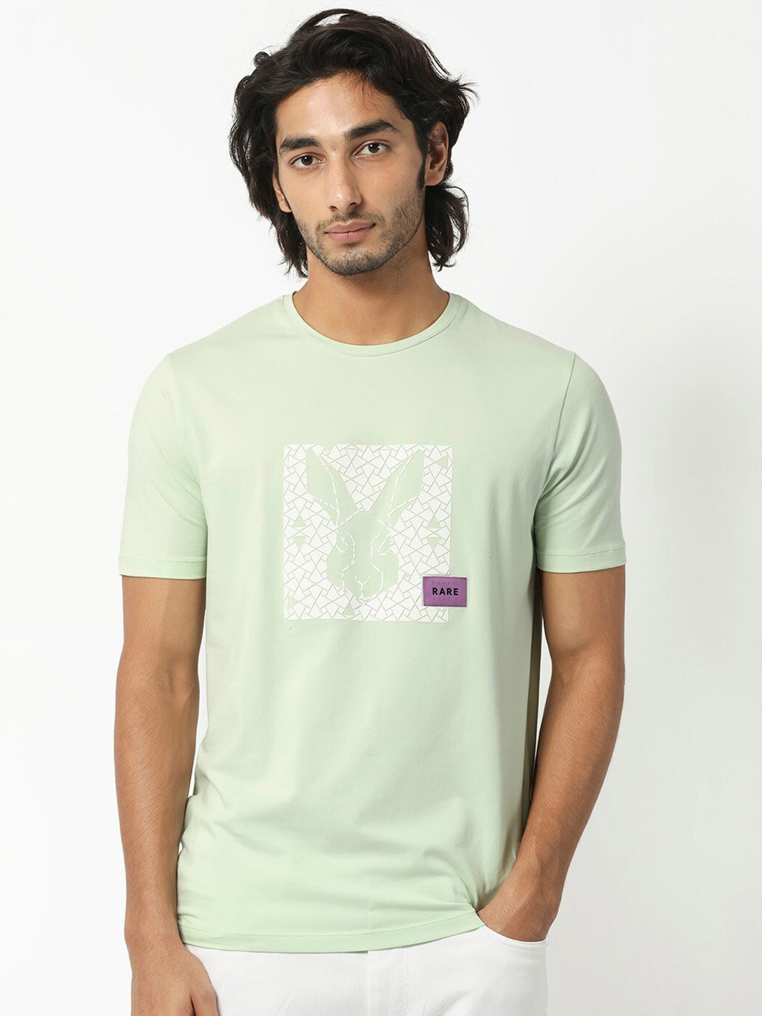 

RARE RABBIT Men Herald Brand Logo Printed Cotton Slim Fit T-Shirt, Green