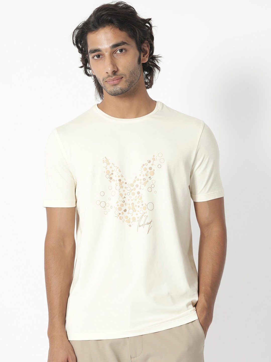 

RARE RABBIT Men Kerwin Graphic Printed Slim Fit Cotton T-Shirt, Beige