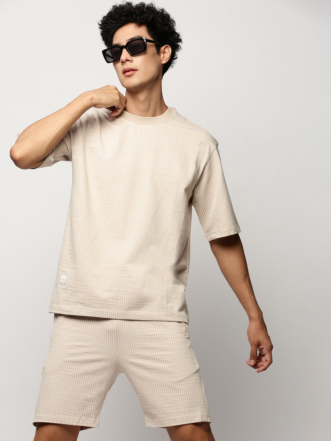 

SHOWOFF Round Neck Striped Co-Ords Set, Beige