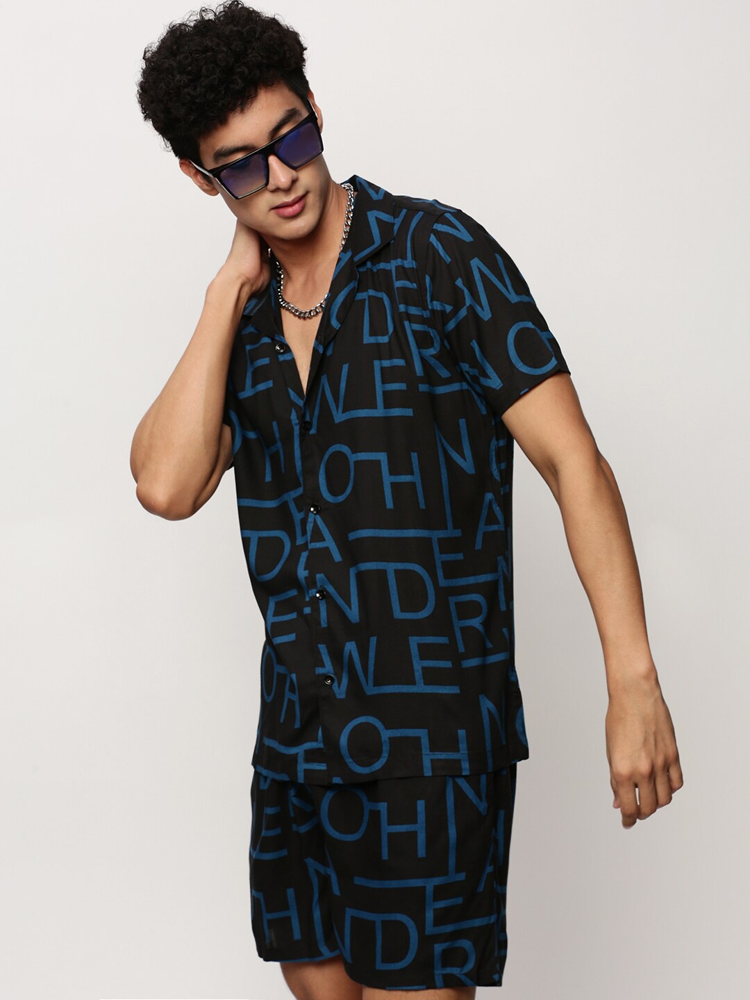 

SHOWOFF Typography Printed Shirt Collar Co-Ords Set, Black