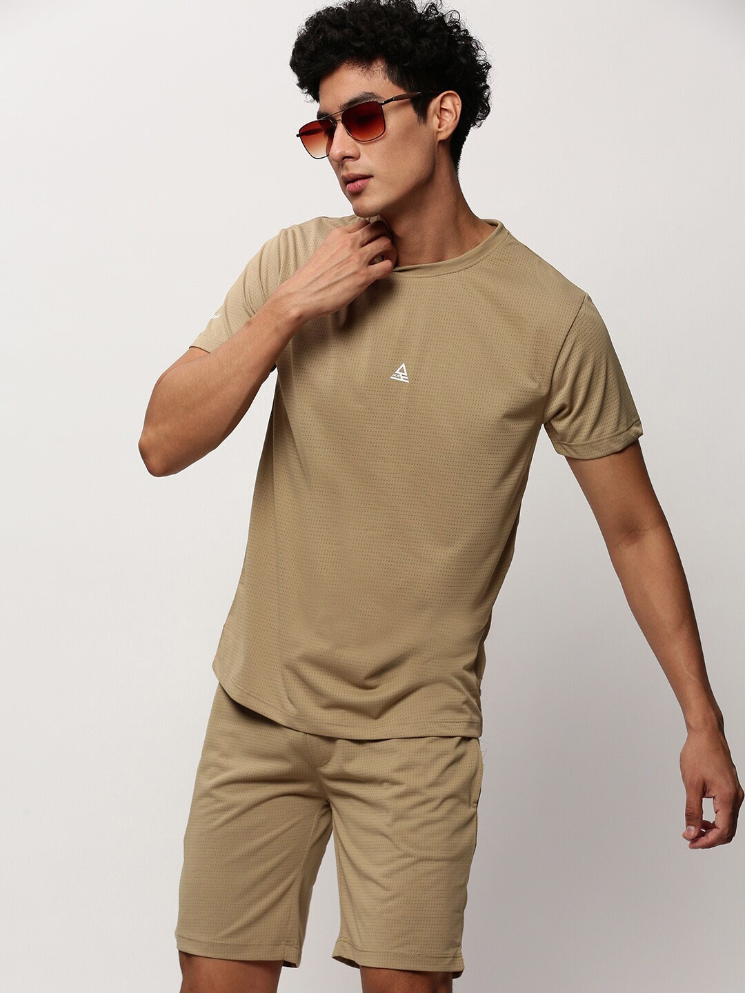 

SHOWOFF Round Neck Self Design T-Shirt & Shorts, Khaki