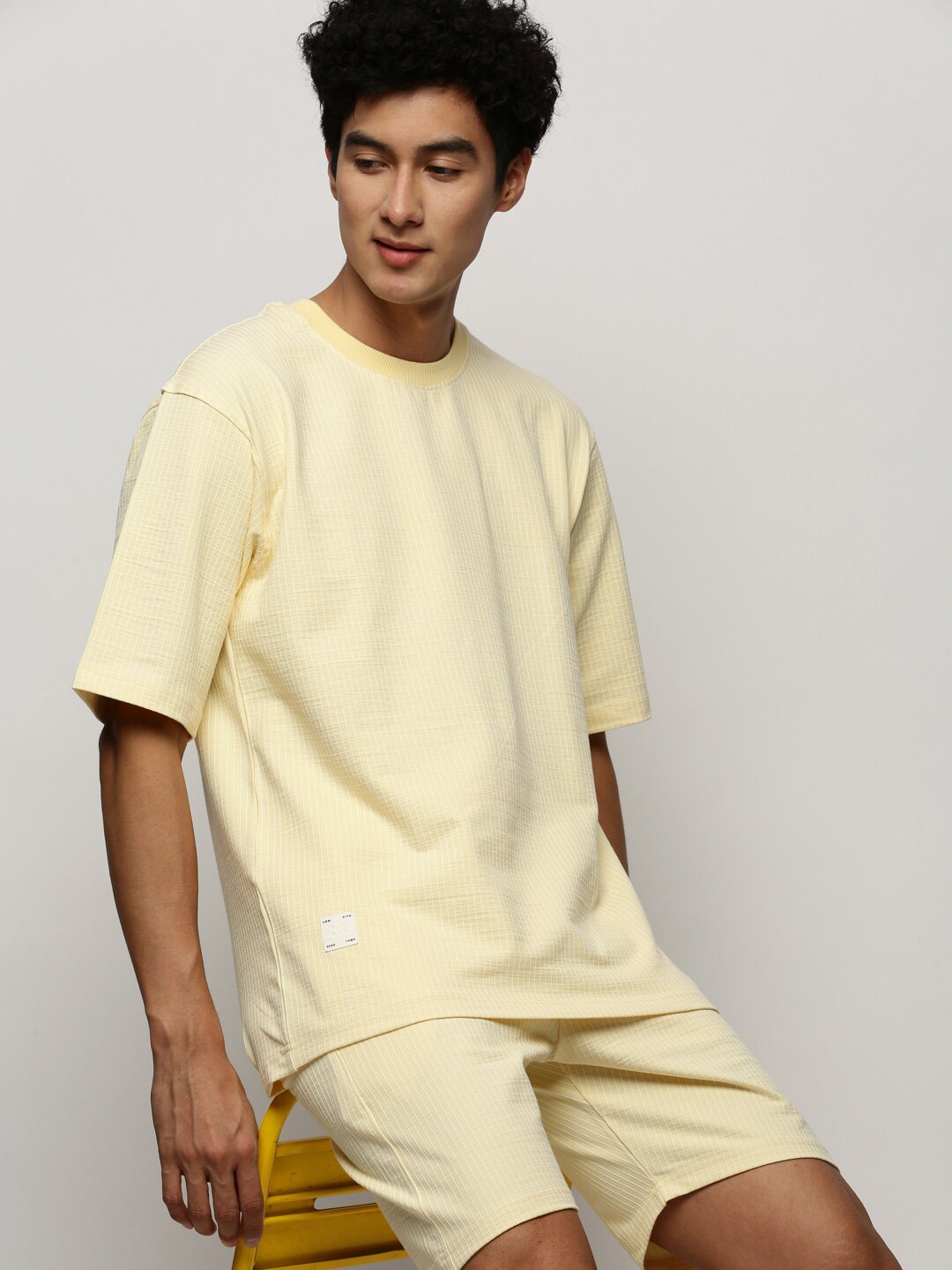 

SHOWOFF Men Striped T-Shirt & Shorts Co-Ords, Yellow