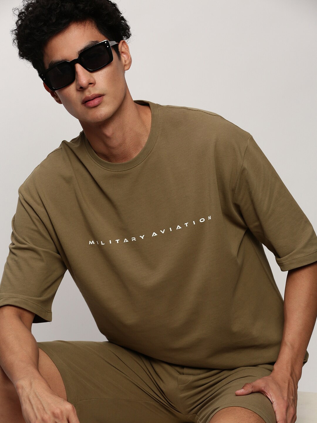 

SHOWOFF Typography Printed Round Neck T-Shirt & Shorts, Olive