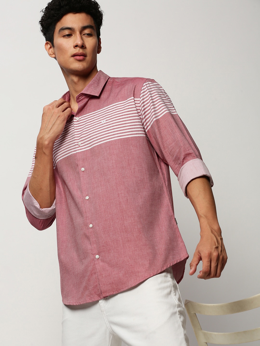 

SHOWOFF Smart Horizontal Striped Twill Cotton Slim Fit Casual Shirt, Mauve