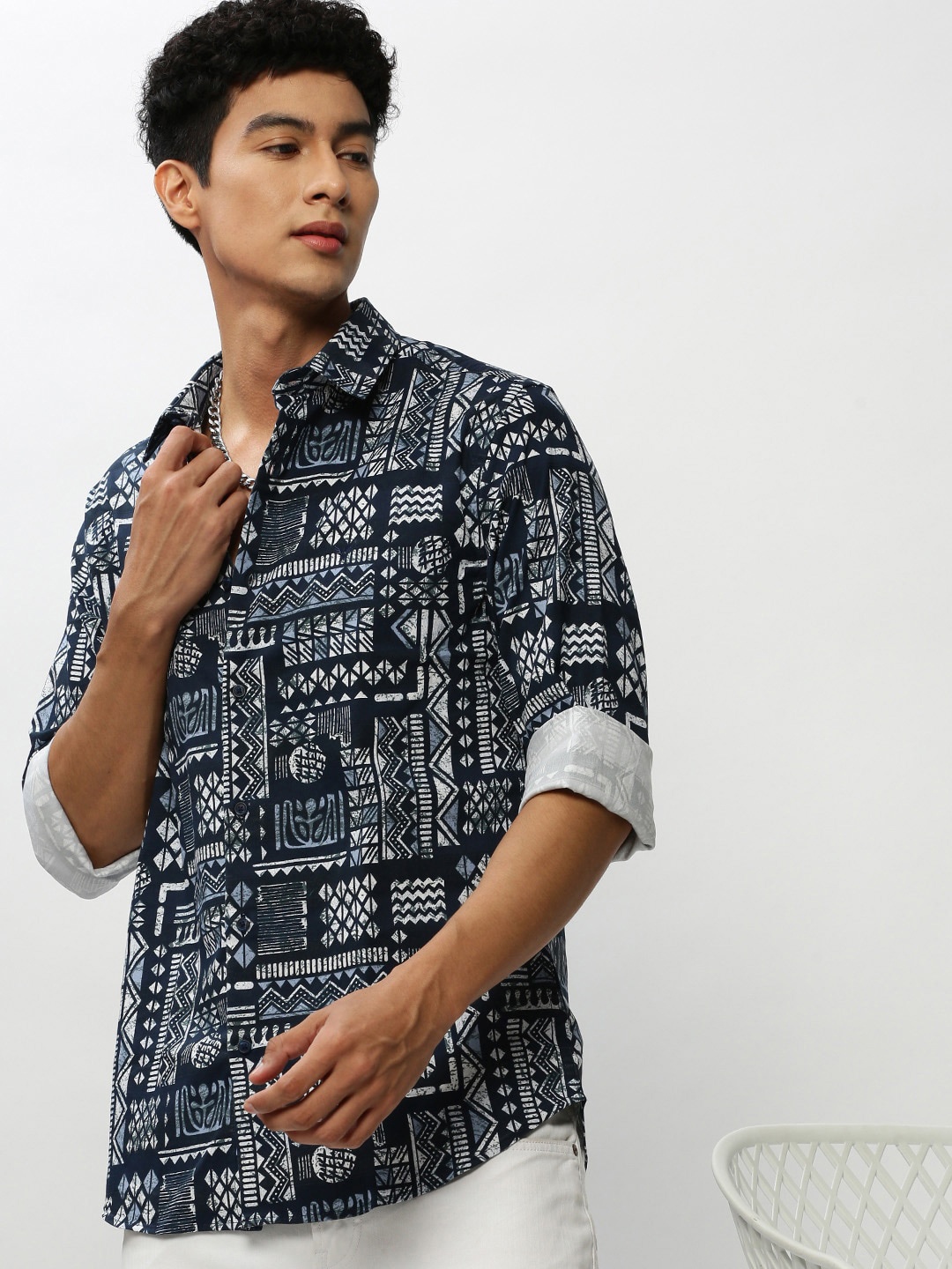 

SHOWOFF Smart Slim Fit Geometric Opaque Printed Cotton Casual Shirt, Navy blue