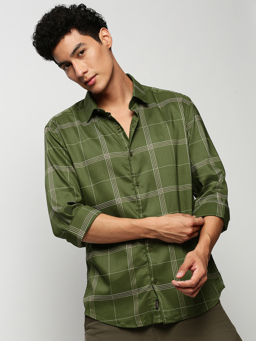 

SHOWOFF Premium Slim Fit Windowpane Checked Cotton Casual Shirt, Green