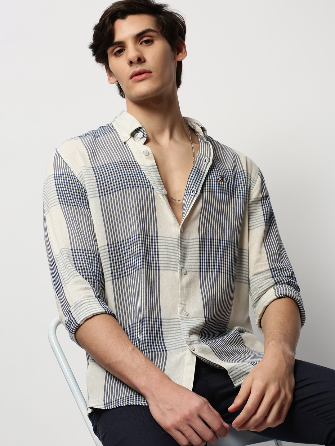 

SHOWOFF Premium Slim Fit Tartan Checks Oxford Cotton Casual Shirt, Off white