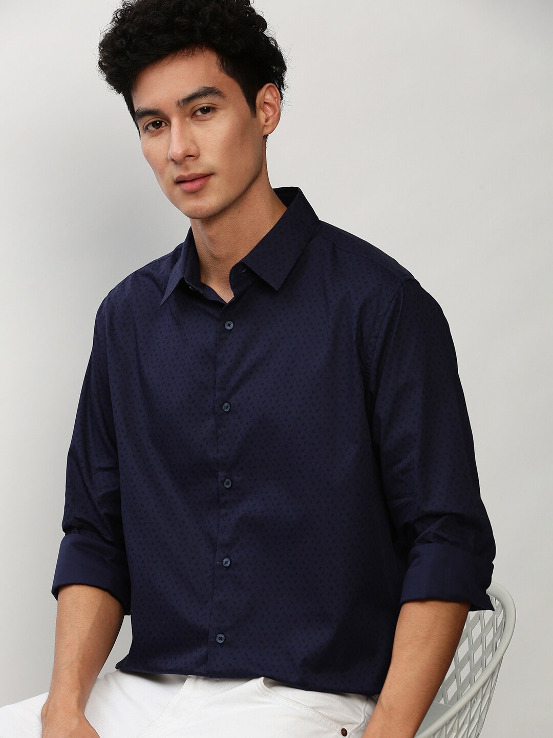 

SHOWOFF Smart Slim Fit Micro Ditsy Printed Cotton Casual Shirt, Navy blue