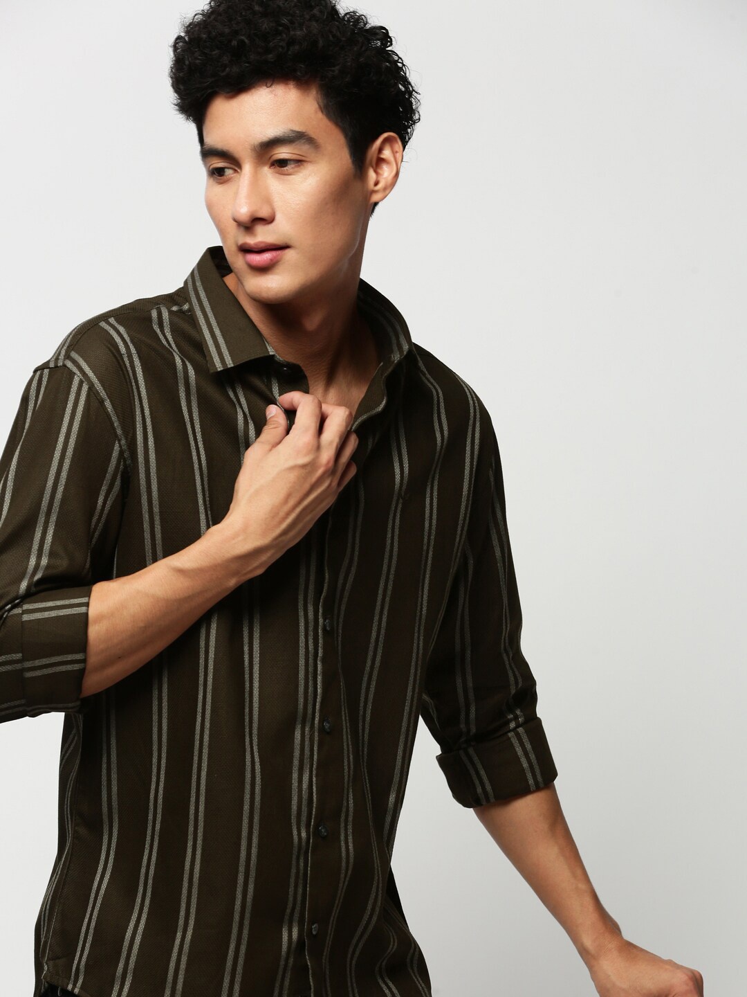 

SHOWOFF Premium Slim Fit Striped Cotton Casual Shirt, Olive