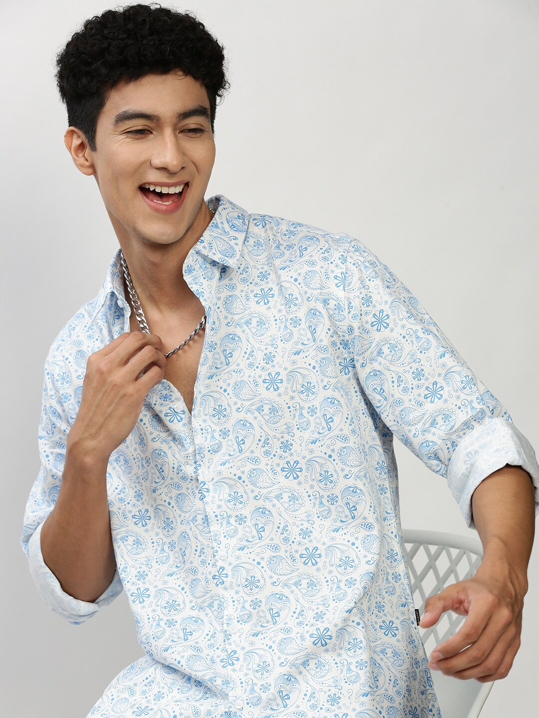 

SHOWOFF Smart Slim Fit Ethnic Motif Opaque Printed Cotton Casual Shirt, Blue