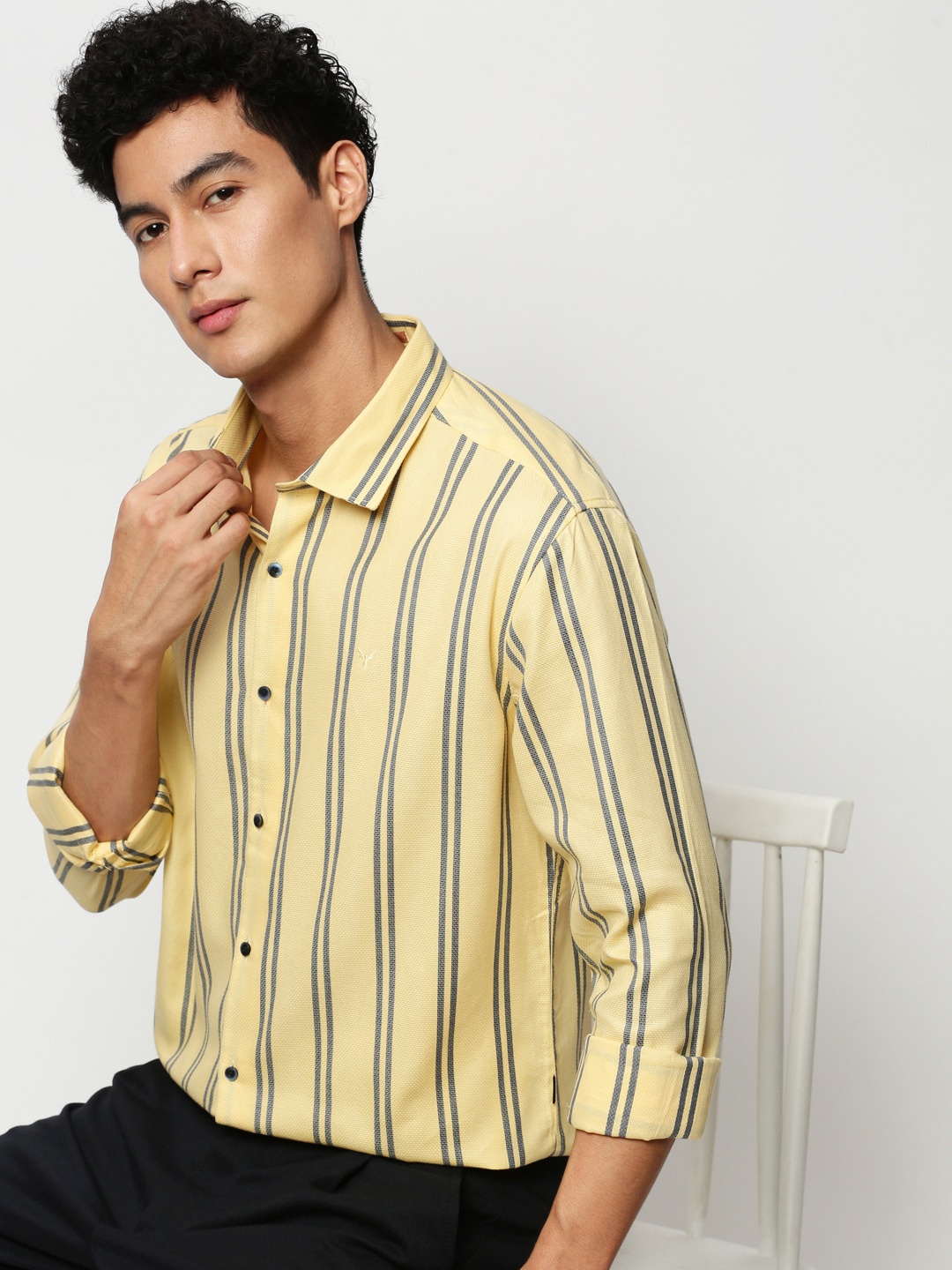 

SHOWOFF Premium Slim Fit Vertical Stripes Opaque Cotton Casual Shirt, Yellow